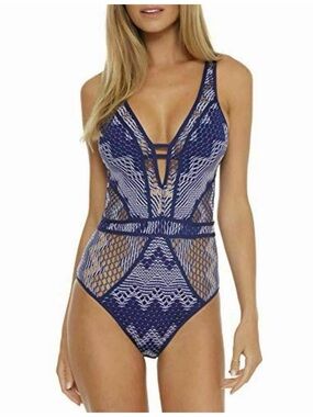 BECCA by Rebecca Virtue Color Play Crochet Plunge One-Piece swimsuit S